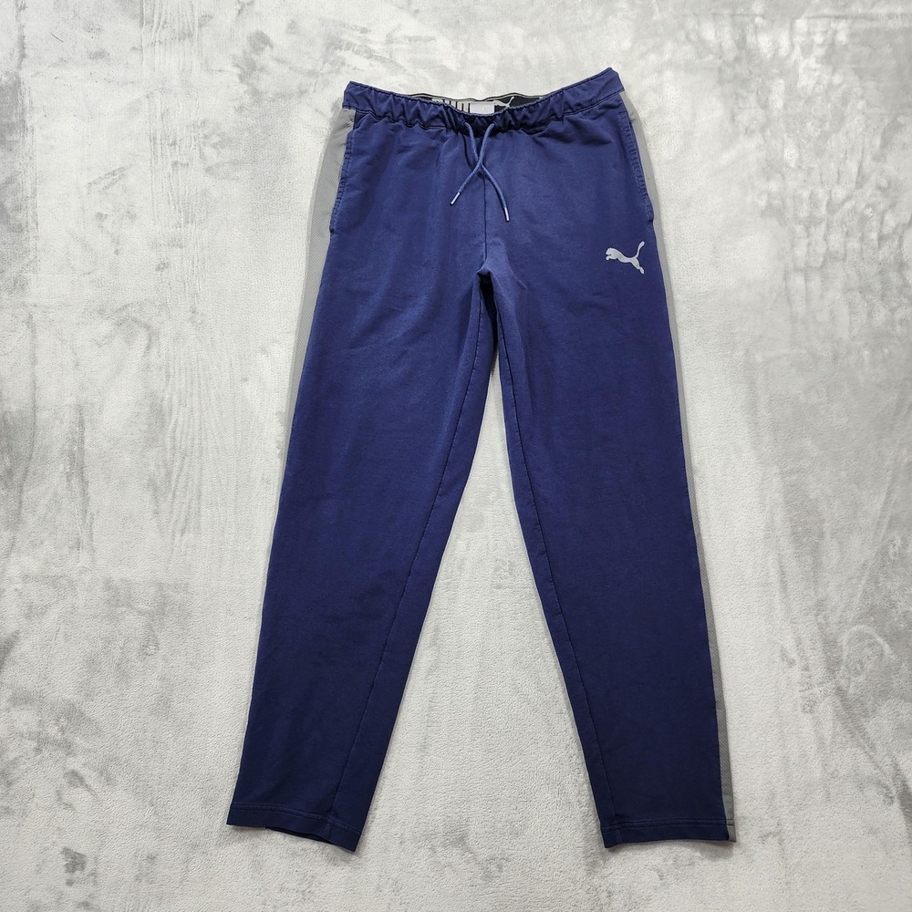 PUMA Track Pants Mens Large Blue Jersey Elastic Waist Side Stripe Pockets Gym